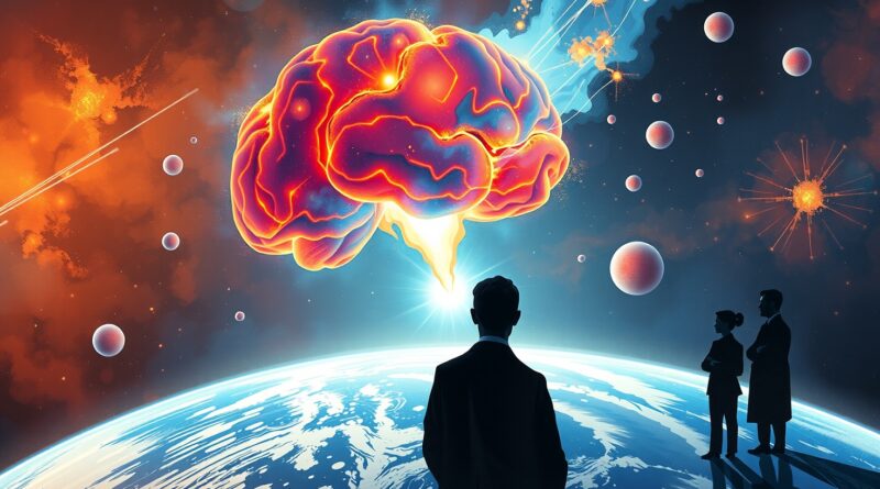 Kosmiczna nebula w kształcie sieci neuronowych przyciąga Ziemię, symbolizując walkę o talenty w AI.