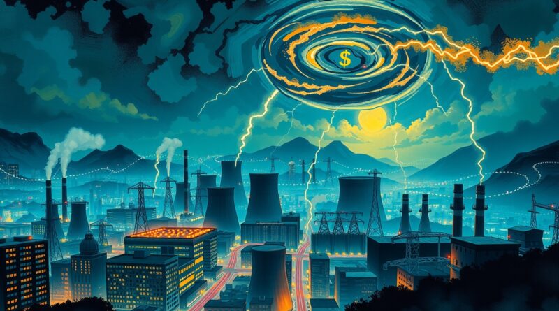 Nocna panorama miasta. Kontrast: pulsujące farmy serwerów vs. ciemne elektrownie węglowe. Wir danych i błyskawic – boom AI.