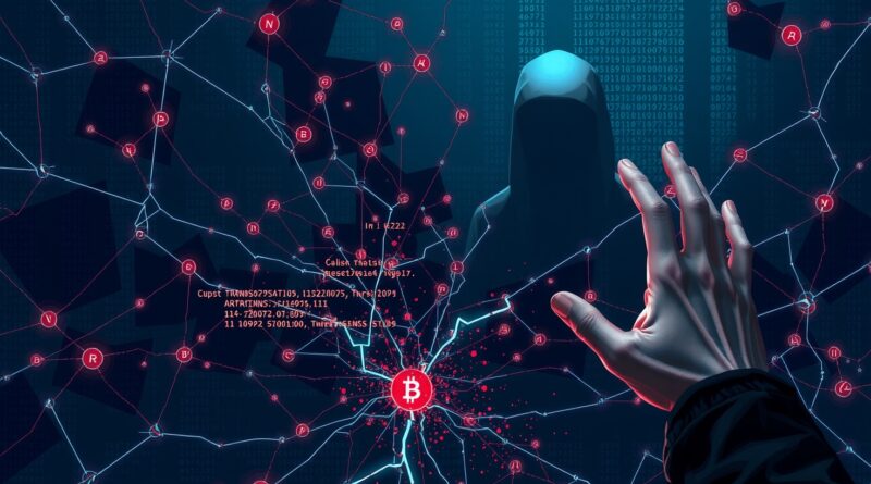 Skomplikowana sieć transakcji kryptowalutowych w rozsypce, manipulowana przez AI, symbolizująca wzrost strat w 2025.