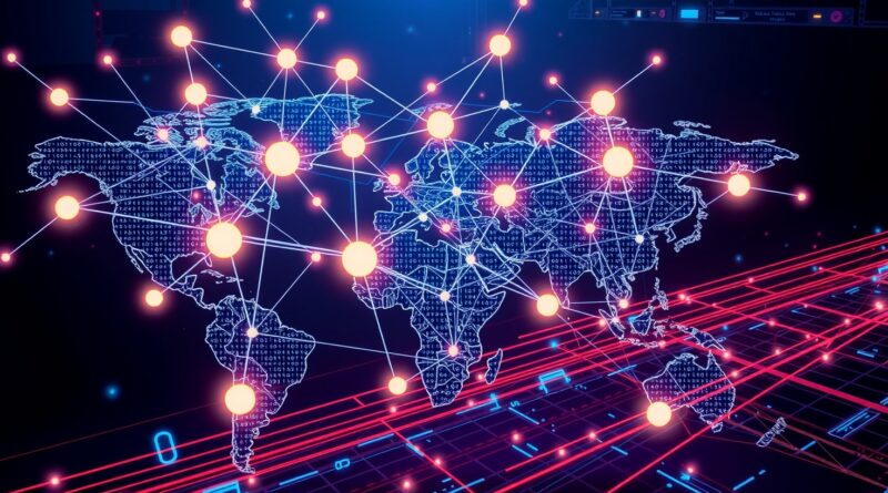 Abstrakcyjna sieć AI nad mapą ruchu internetowego symbolizuje wzrost wpływu sztucznej inteligencji w sieci.