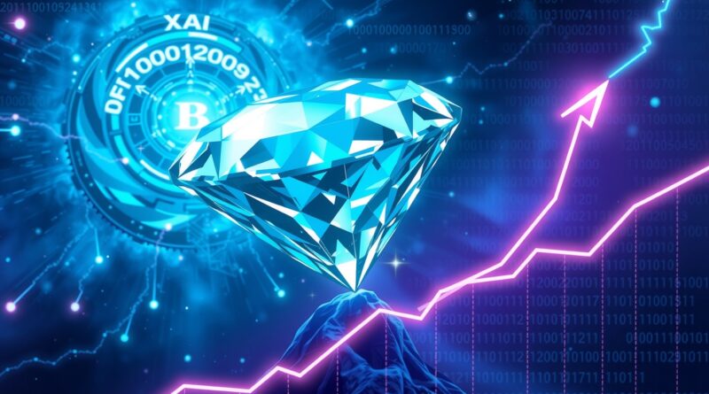 Diament symbolizujący XAI na wznoszącym się wykresie, tło z binarną nebulą AI.