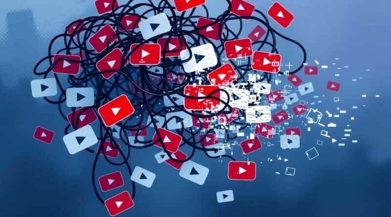Splecione przyciski YouTube, rozpadające się w cyfrowe zakłócenia, symbolizują walkę treści AI z ludzką kreatywnością.