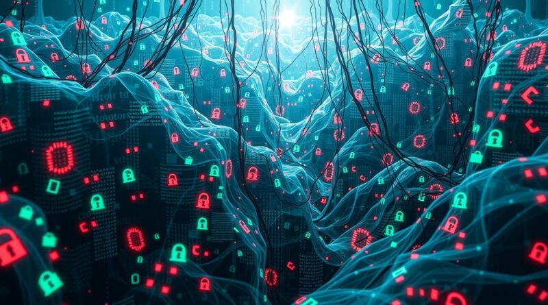 Zalew cyfrowego kodu i ikon bezpieczeństwa, symbolizujący chaos fałszywych raportów w cyberbezpieczeństwie.