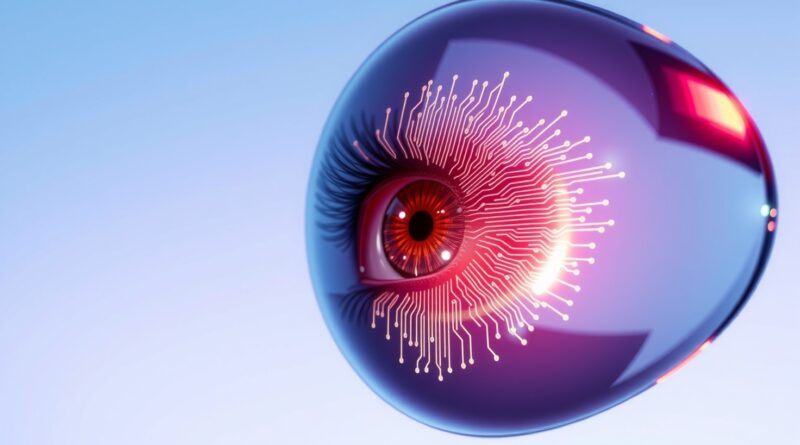 Oko wtopione w obwód elektroniczny odbite w szklanym interfejsie, symbolizujące relacje człowieka z AI.