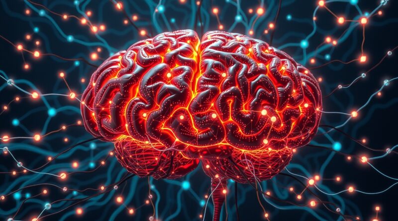 Zbieżność umysłów: surrealistyczna sieć mózgów i AI, pulsująca światłem, odzwierciedlająca wspólne neuronowe przestrzenie.