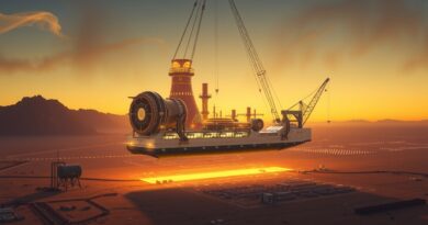 Futurystyczna elektrownia przenoszona przez gigantyczne dźwigi na cyfrowym, pustynnym krajobrazie.