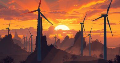 Surrealistyczny krajobraz: abstrakcyjne turbiny wiatrowe na tle smogu i pięknego zachodu słońca.