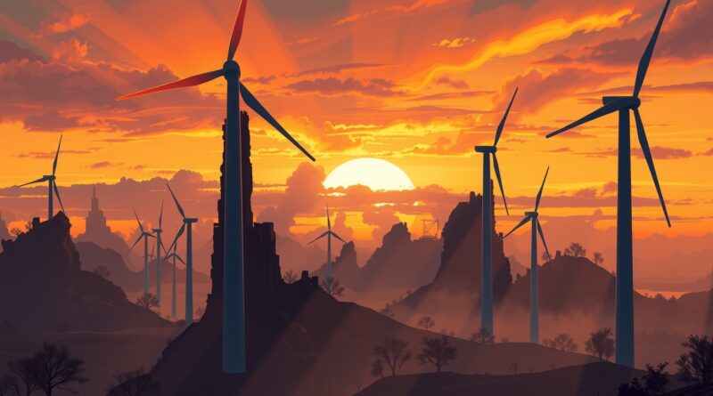Surrealistyczny krajobraz: abstrakcyjne turbiny wiatrowe na tle smogu i pięknego zachodu słońca.