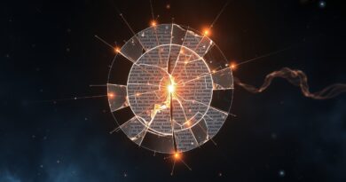 Potłuczone lustro, naprawiane eterycznymi nićmi światła, odbija zniekształcone fragmenty tekstu na tle kosmicznej mgławicy.