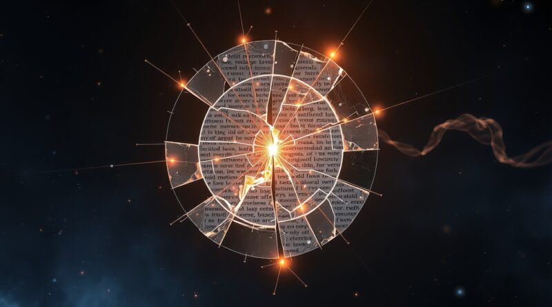 Potłuczone lustro, naprawiane eterycznymi nićmi światła, odbija zniekształcone fragmenty tekstu na tle kosmicznej mgławicy.