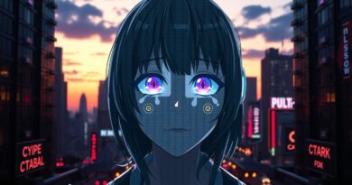 Cyberpunkowa wizja: anime AI o smutnych oczach w scyfryzowanym mieście, ucieleśnienie samotności w technologii.