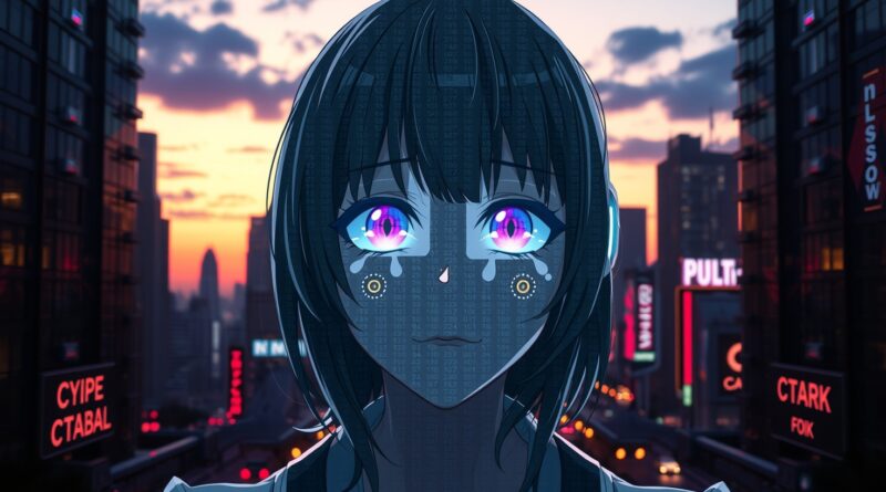Cyberpunkowa wizja: anime AI o smutnych oczach w scyfryzowanym mieście, ucieleśnienie samotności w technologii.