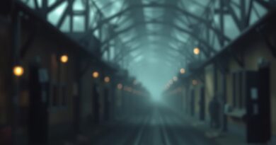 Rozmyty, oniryczny obraz Auschwitz wygenerowany przez AI, z subtelnymi cyfrowymi artefaktami i niepokojącym, sfałszowanym wspomnieniem.