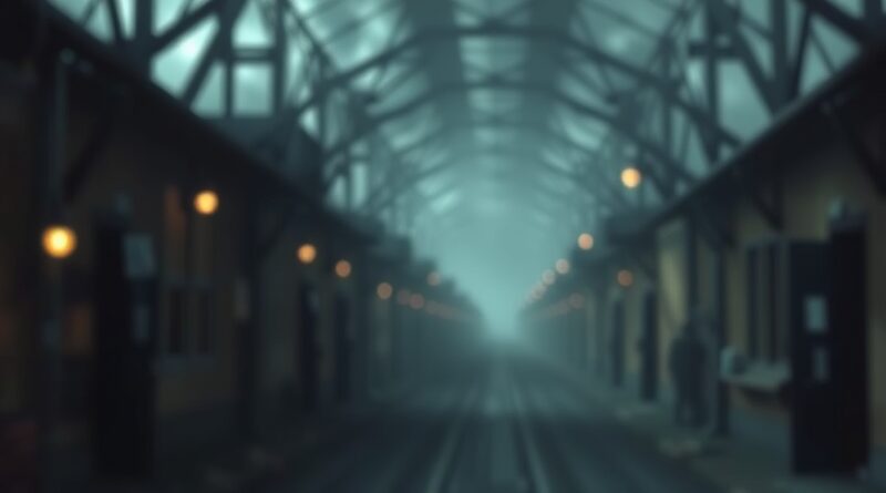 Rozmyty, oniryczny obraz Auschwitz wygenerowany przez AI, z subtelnymi cyfrowymi artefaktami i niepokojącym, sfałszowanym wspomnieniem.