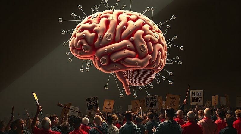 AI mózg z symbolami praw autorskich, długi cień na protestujących artystów. Sztuczna inteligencja kontra prawa autorskie.
