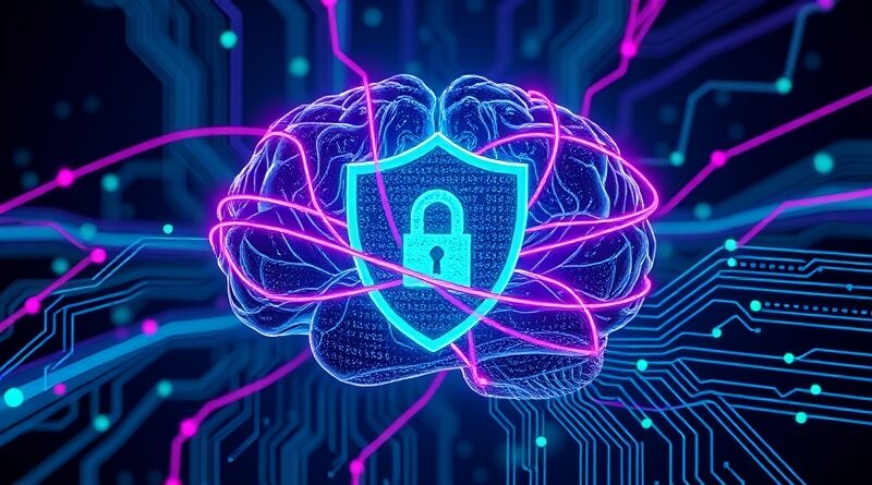 Abstrakcyjny mózg z obwodami i fortecą cyberbezpieczeństwa, kod jako światło, futurystyczna ochrona AI.