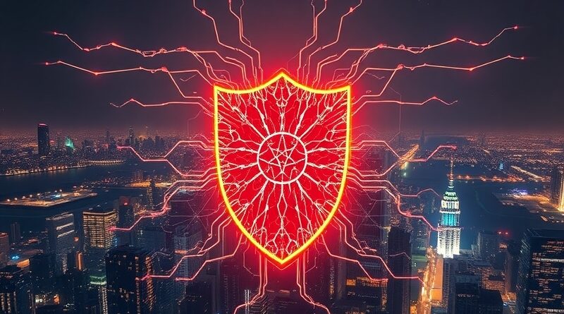 Cyberpunkowa tarcza AI chroniąca miasto 2025. Symboliczne, oświetlone połączenia neuronalne. Cyberbezpieczeństwo, przyszłość obrony.