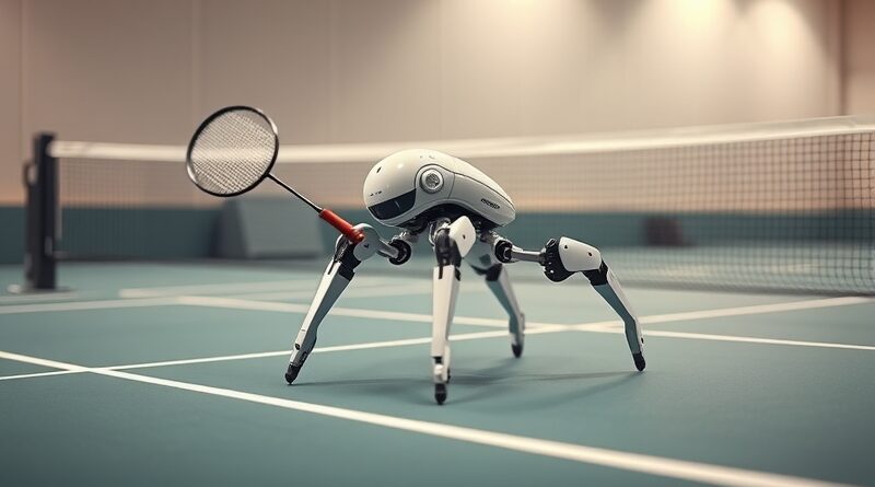 Futurystyczny robot ANYmal skacze na korcie do badmintona. Zwinność, precyzja, dane AI w tle.