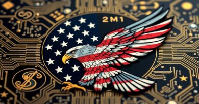 Krzemowy wafelek z subtelnie wkomponowaną flagą USA, orłem z obwodów i dolarami, symbolizujący ingerencję polityczną w Intela.