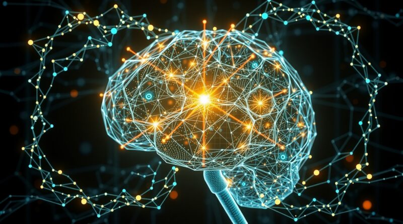 Cyfrowy mózg z data streams, rozwiązujący równania, w stylu art nouveau, symbolizujący agentów AI OpenAI.