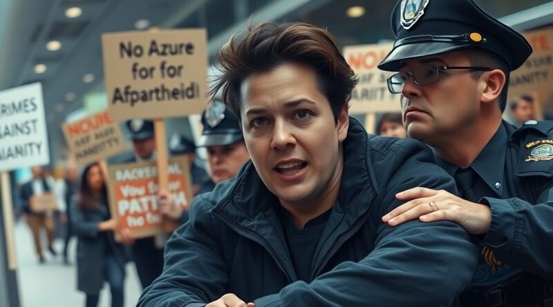 Aresztowanie aktywisty podczas protestu w siedzibie Microsoftu przeciwko umowom z Izraelem.