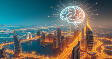 Futurystyczna wizja połączonych miast Dubaju i Rijadu symbolizująca synergia AI w finansach MENA.