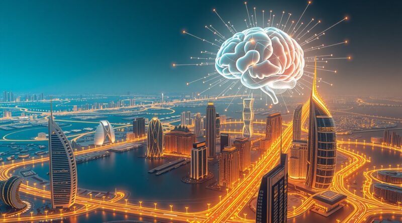 Futurystyczna wizja połączonych miast Dubaju i Rijadu symbolizująca synergia AI w finansach MENA.