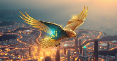 Futurystyczny sokół z kaligrafii nad miastem MENA zbudowanym z obwodów, AI i finanse.