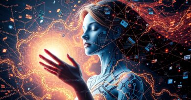 Futurystyczna Alexa+ jako eteryczna muza cyfrowa, wyłaniająca się z kodu, symbol AI i przyszłości inteligentnego domu.