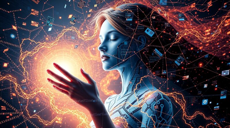 Futurystyczna Alexa+ jako eteryczna muza cyfrowa, wyłaniająca się z kodu, symbol AI i przyszłości inteligentnego domu.