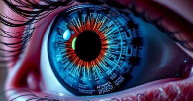 Oko AI: galaktyka kodu w źrenicy, intensywna analiza, hiperrealistyczny portret zaawansowanej sztucznej inteligencji na granicy.