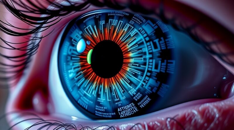 Oko AI: galaktyka kodu w źrenicy, intensywna analiza, hiperrealistyczny portret zaawansowanej sztucznej inteligencji na granicy.