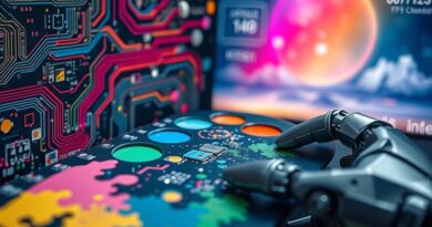 Surrealistyczna paleta malarska przechodząca w obwody elektroniczne, symbol edycji obrazów AI (Qwen-Image-Edit).