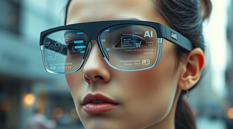 Eleganckie inteligentne okulary Quark AI z subtelną nakładką informacji AI na tle miejskiego krajobrazu.