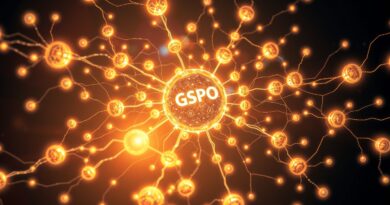 Świecąca sieć neuronowa z centralnym, dużym orbem (GSPO), symbolizująca stabilność i optymalizację modeli językowych Alibaby.