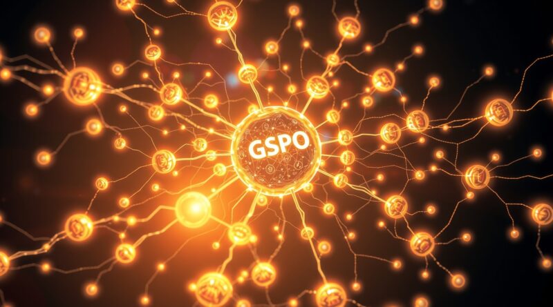 Świecąca sieć neuronowa z centralnym, dużym orbem (GSPO), symbolizująca stabilność i optymalizację modeli językowych Alibaby.