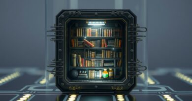 Mikroczip kryje miniaturową bibliotekę, symbolizując skompresowaną wiedzę i moc małych modeli językowych Alibaba.