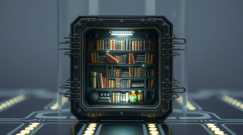 Mikroczip kryje miniaturową bibliotekę, symbolizując skompresowaną wiedzę i moc małych modeli językowych Alibaba.