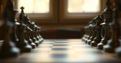 Szachowa rozgrywka zamrożona w czasie, z subtelnymi cyfrowymi wzorami, ucieleśnienie myślenia AI "Allie".