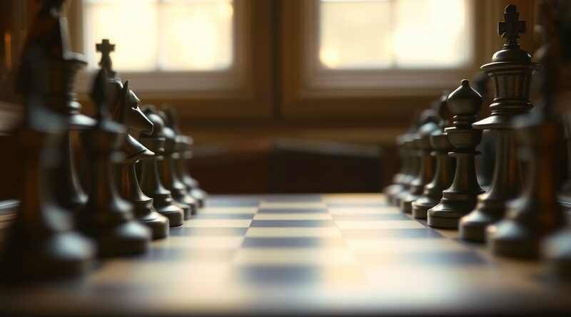 Szachowa rozgrywka zamrożona w czasie, z subtelnymi cyfrowymi wzorami, ucieleśnienie myślenia AI "Allie".