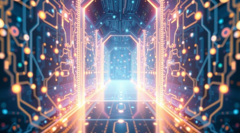 Futurystyczna brama, łącząca węzły AI, ułatwia integrację narzędzi AI w przedsiębiorstwach. Dominuje paleta błękitów, fioletów i złota.