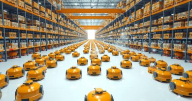 Z perspektywy lotu ptaka: Rzesza pomarańczowych robotów w magazynie Amazon, z siecią AI.