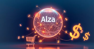 Futurystyczna kula Alexa z kodem, koszykami i dolarami na niebieskim tle. Ilustracja monetyzacji AI.