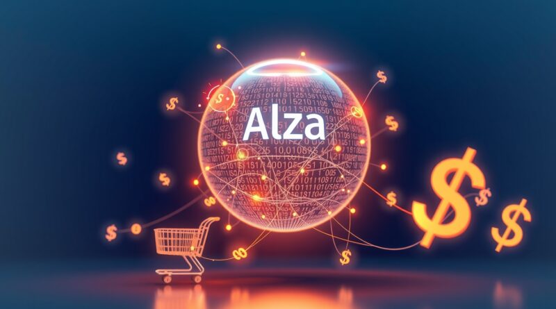 Futurystyczna kula Alexa z kodem, koszykami i dolarami na niebieskim tle. Ilustracja monetyzacji AI.