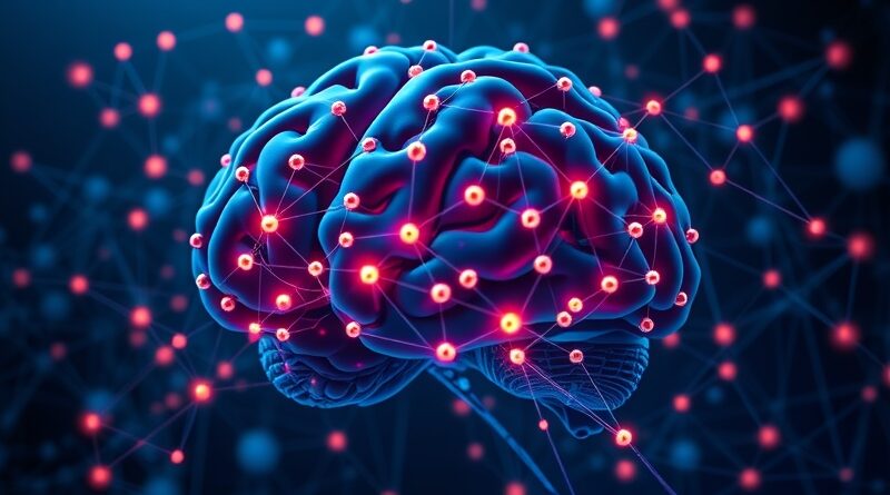 Sieć połączonych węzłów, stylizowany mózg na tle bazy danych grafów. Niejednoznaczność ścieżek, futurystyczne kolory.