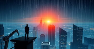 Samotny pracownik na krawędzi wieżowca patrzy na futurystyczne miasto, AI nad głową. Niepokój o przyszłość pracy.