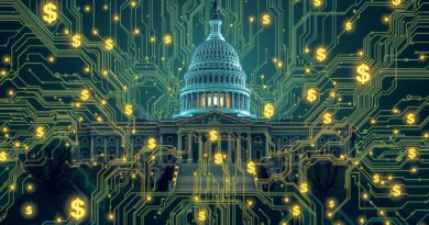 U.S. Capitol spleciony z obwodami i symbolami dolara, futurystyczna wizja AI dla rządu USA.