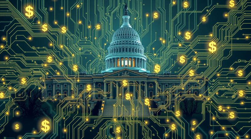 U.S. Capitol spleciony z obwodami i symbolami dolara, futurystyczna wizja AI dla rządu USA.