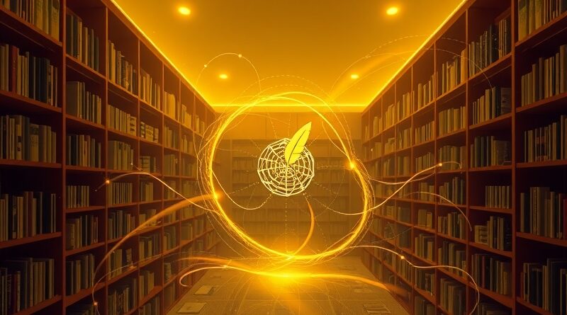 Eteryczna biblioteka danych z siecią neuronową symbolizującą AI i autorstwo w harmonii.