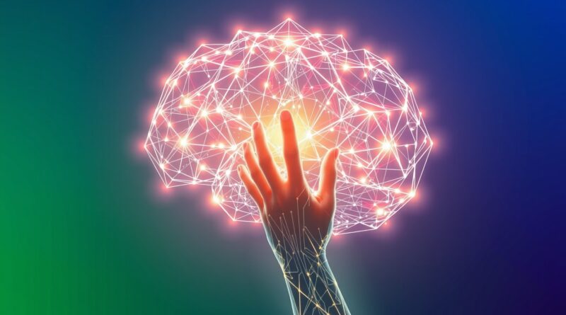 Połączenie ludzkiego umysłu i AI: dłoń łączy się z geometrycznym mózgiem w sieci obwodów.